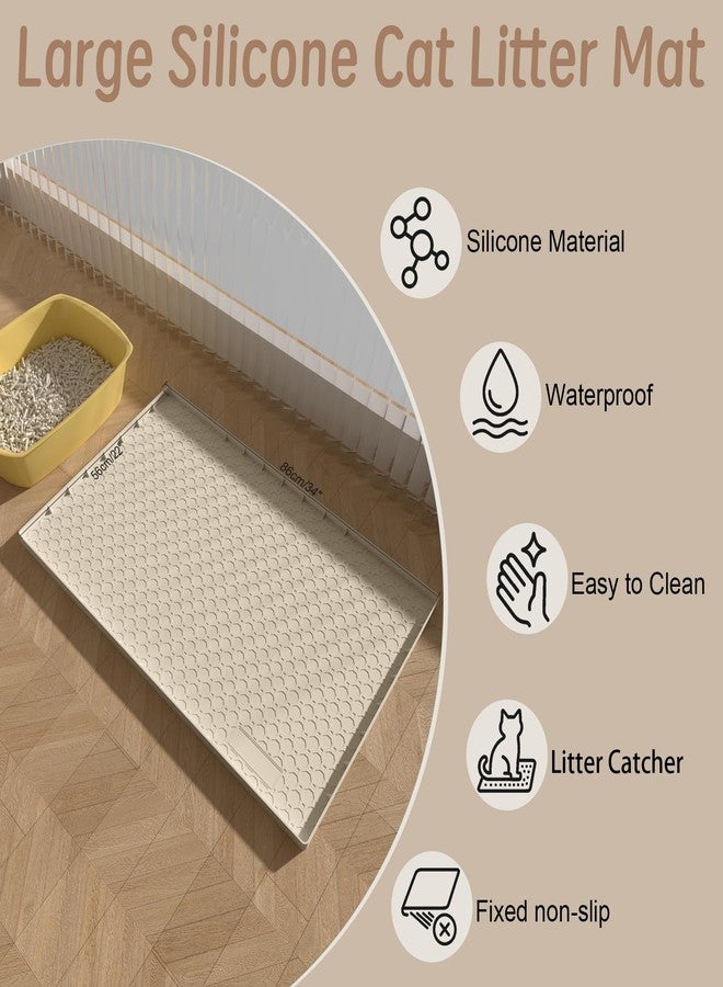 BLESWIN Large Cat Litter Mat 34"x22", Cat Litter Trapping Mat For Litter Box, Silicone Pet Feeding Mat With Raised Edges Waterproof, Beige - Image 2